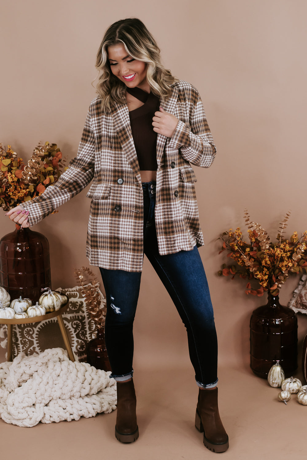 So Chic Plaid Blazer , Brown
