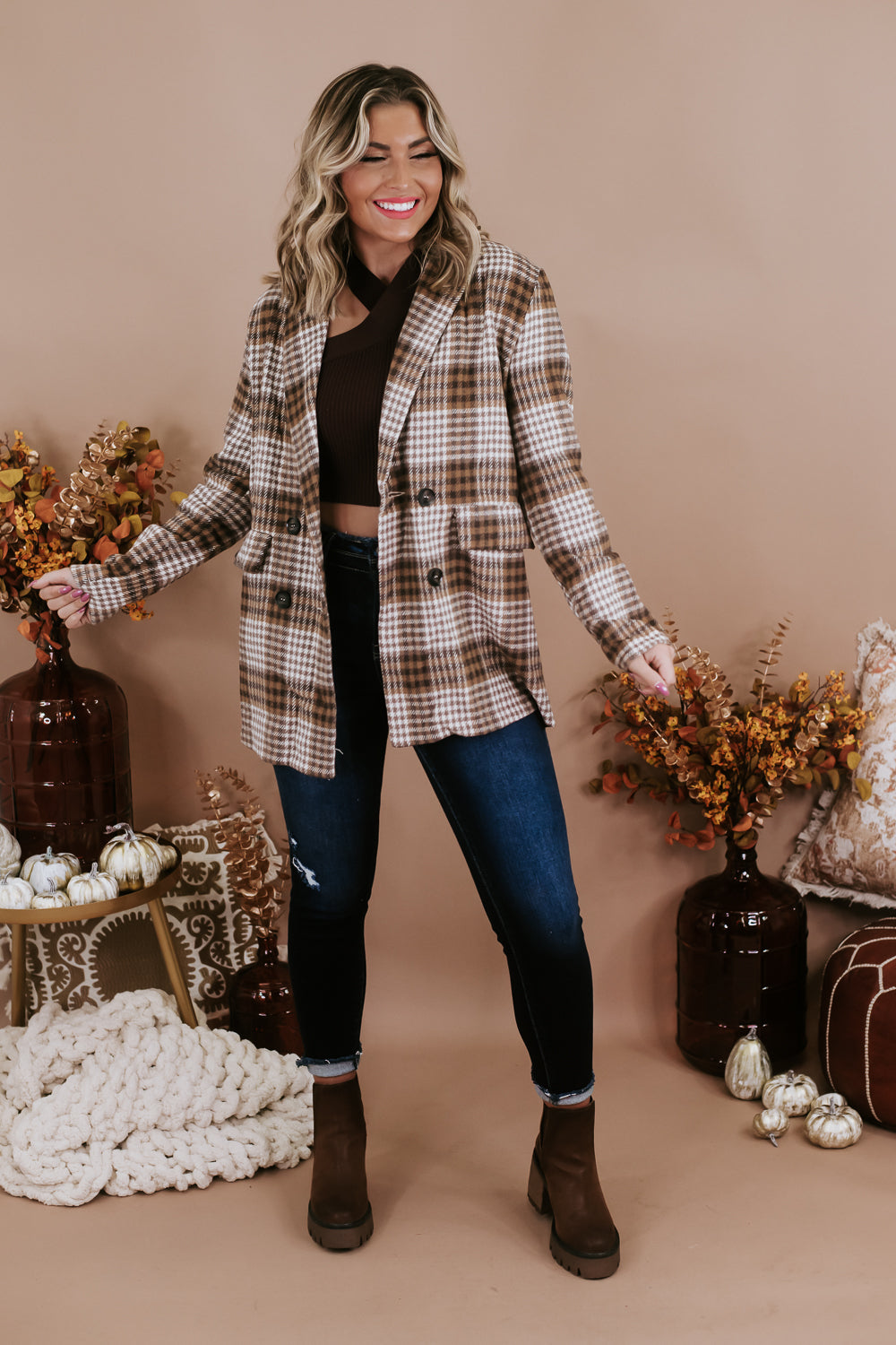 So Chic Plaid Blazer , Brown