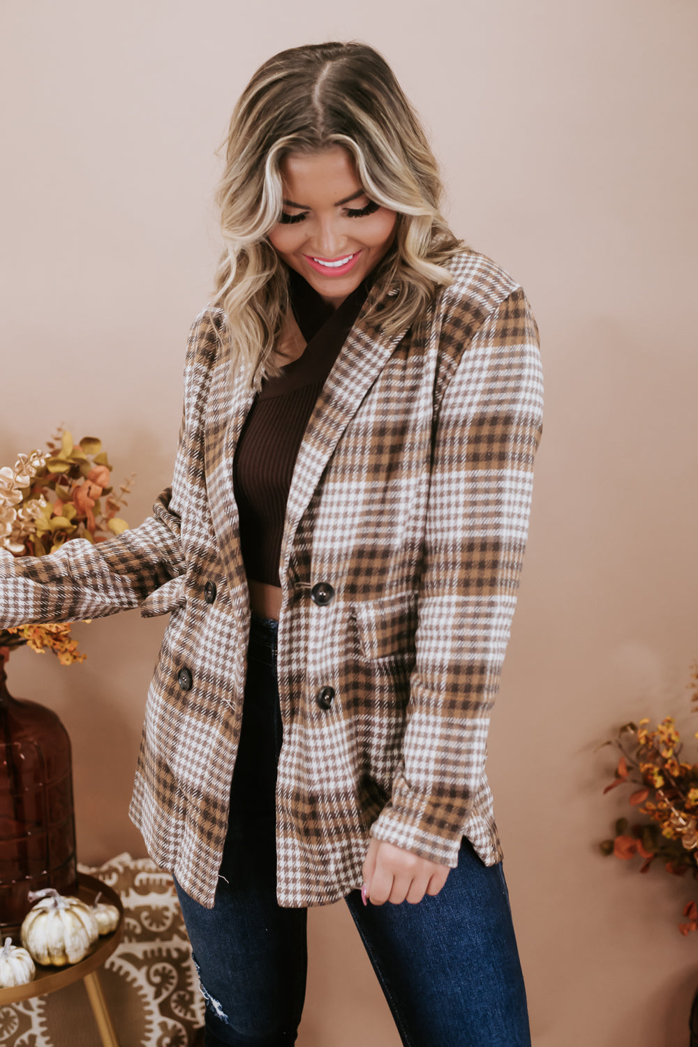 So Chic Plaid Blazer , Brown