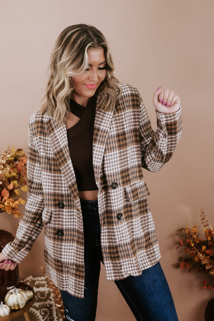 So Chic Plaid Blazer , Brown