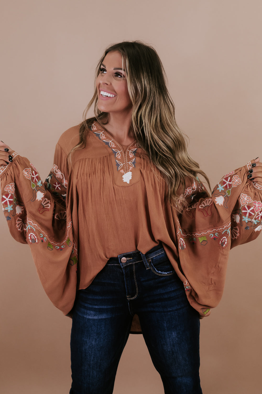 Emmy Embroidered Blouse, Camel
