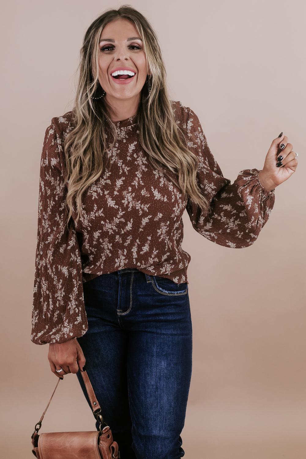 Blossom Scalloped Neck Floral Top, Camel