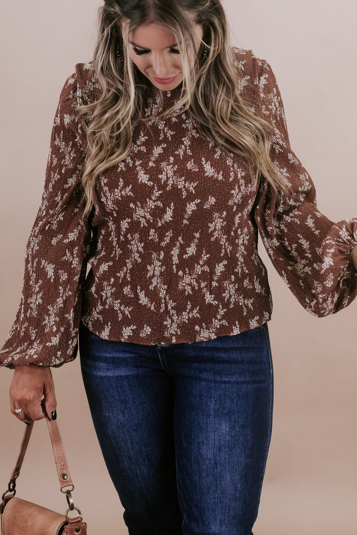 Blossom Scalloped Neck Floral Top, Camel