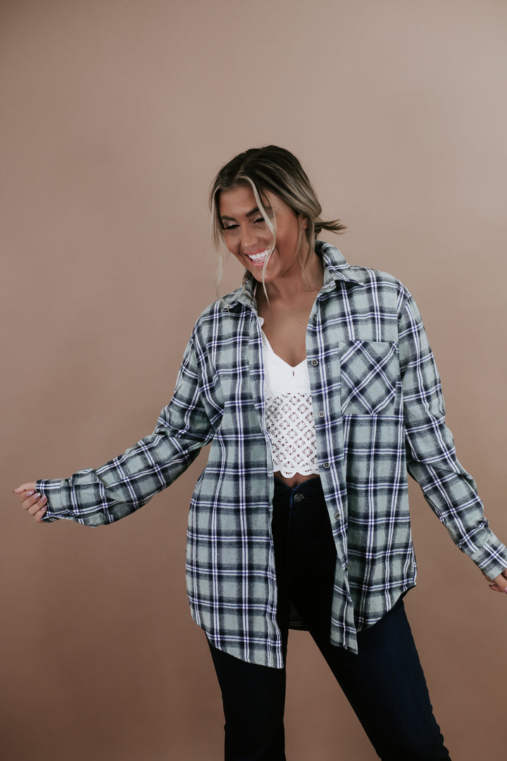 Here For Flannel Button Up , Sage
