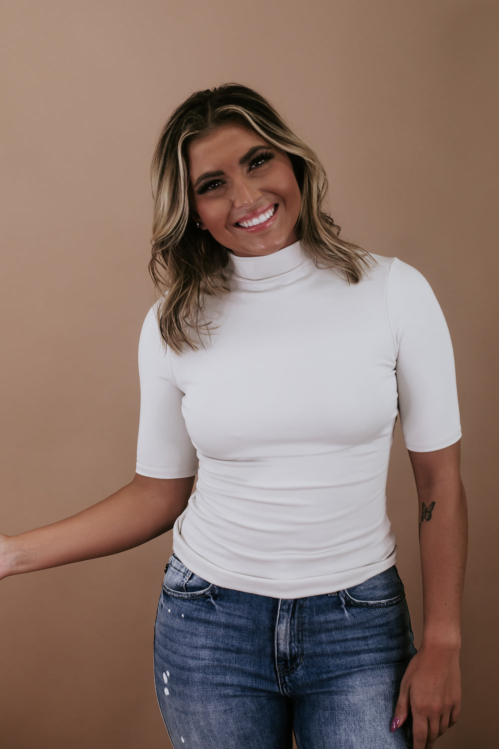 Fitted Mock Neck Top, Ivory