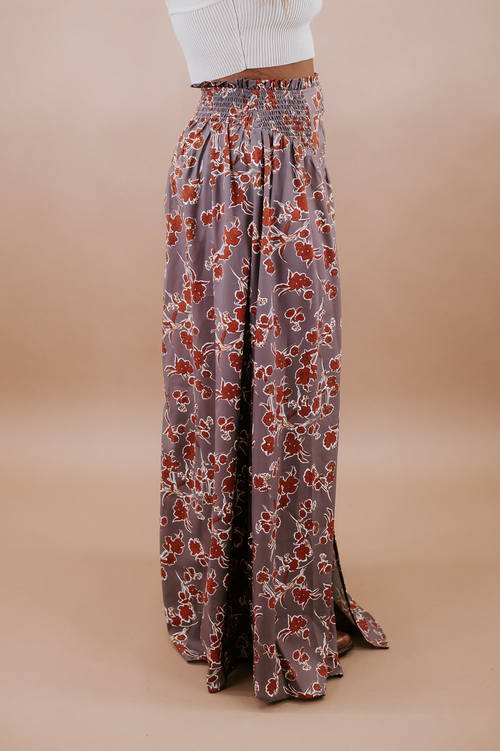Floral Smock Waist Button Front Maxi Skirt