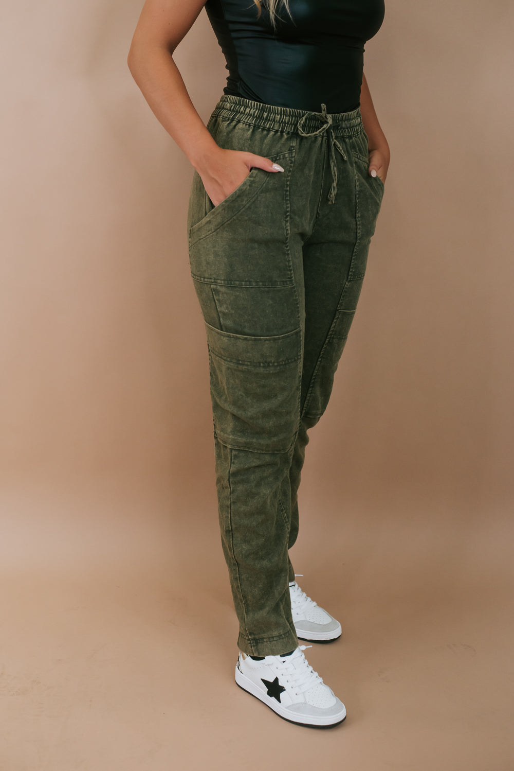Trendy Girl Mineral Wash Cargo Pant, Olive