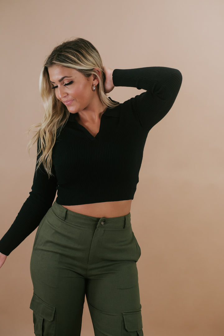 Heading Out V Neck Cropped Sweater, Black
