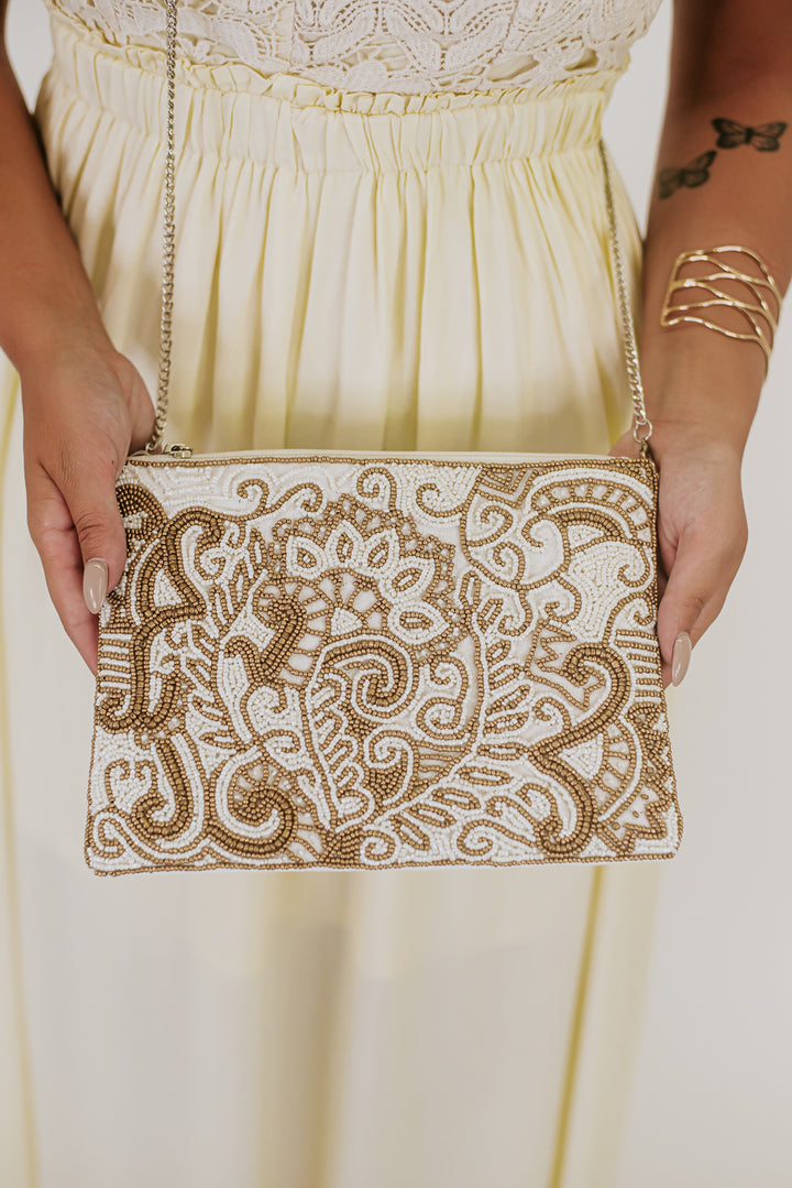 Floral Embroidery Clutch, White