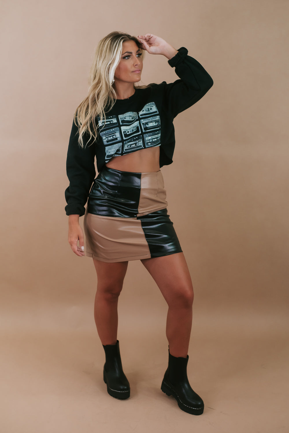 Colorblock Squared Leather Skirt