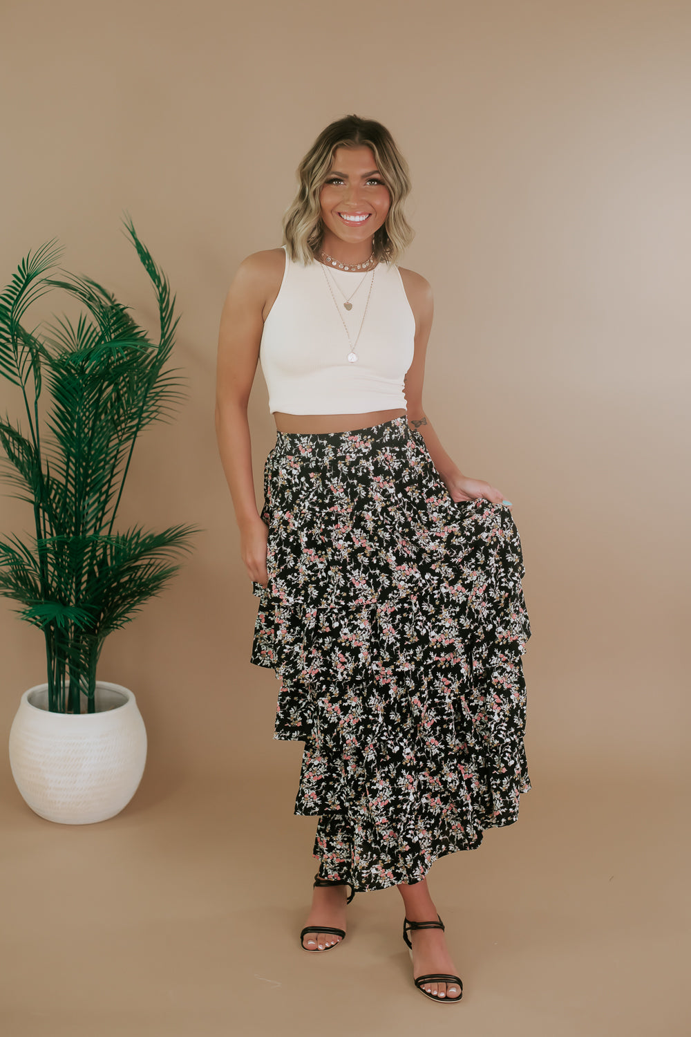 Fierce In Floral Tiered Maxi Skirt, Black