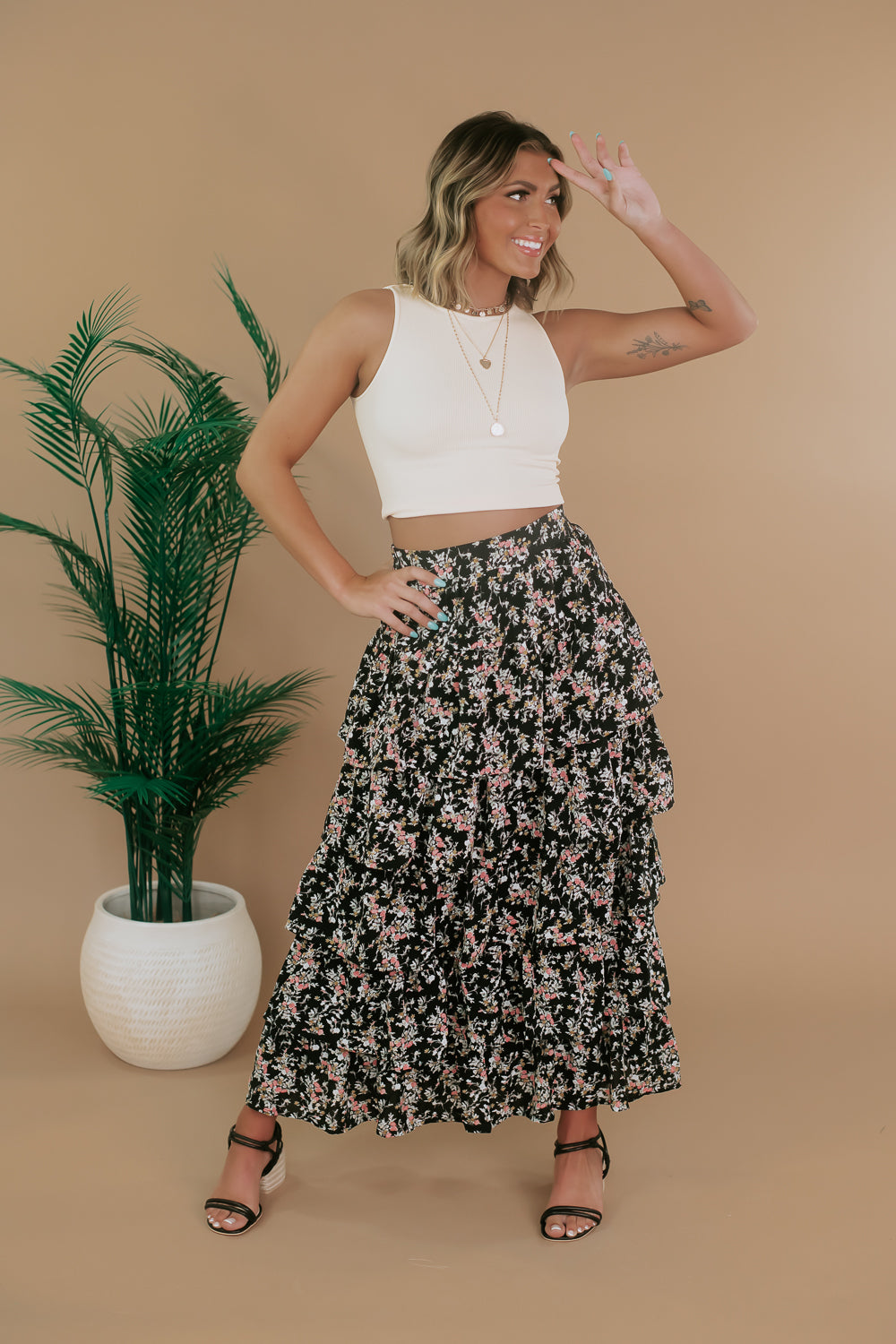 Fierce In Floral Tiered Maxi Skirt, Black
