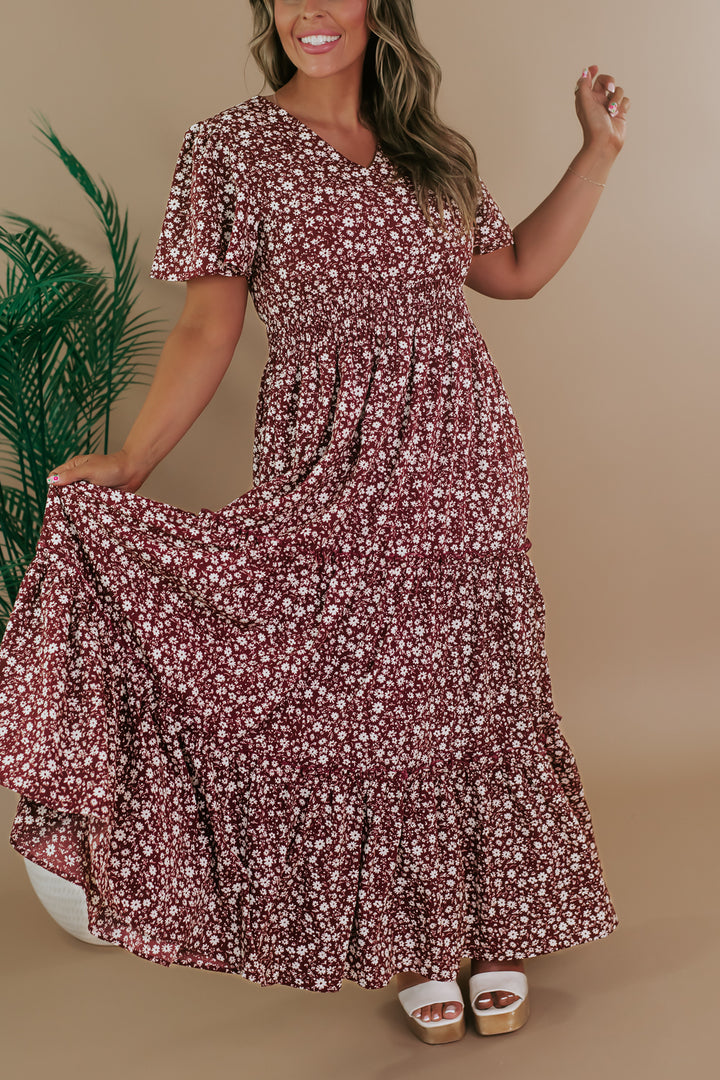 ECB Exclusive: Many Moments Floral Maxi Dress, Wine