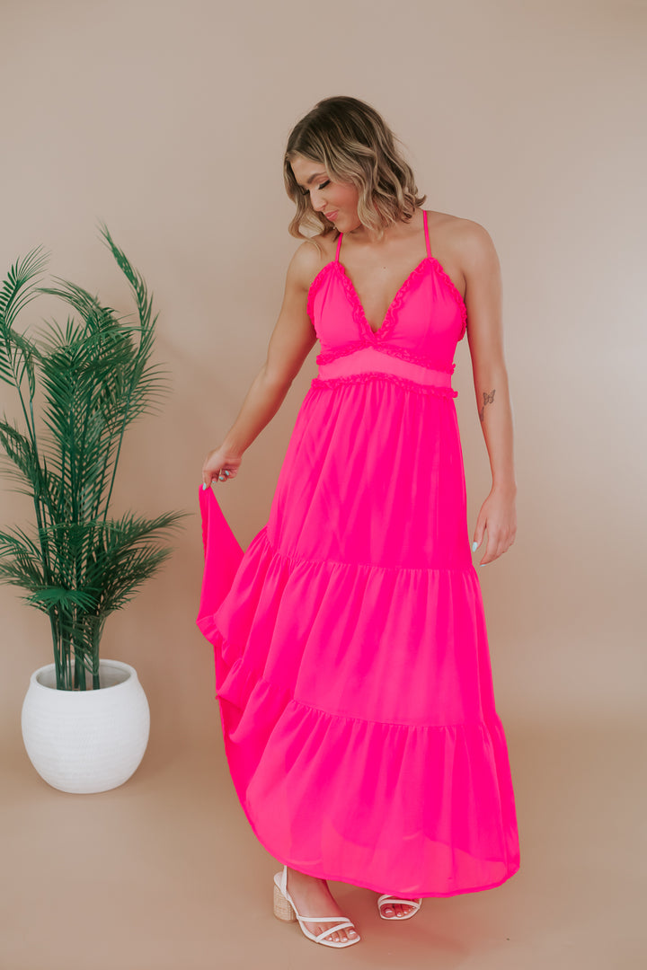 Stand Out Ruffle Maxi Dress, Hot Pink