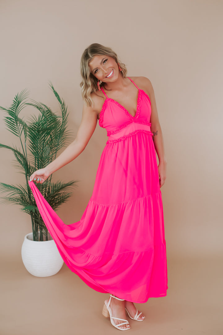 Stand Out Ruffle Maxi Dress, Hot Pink