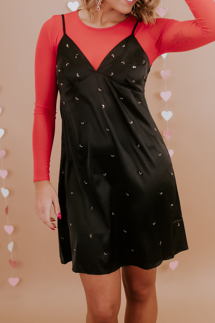 Second To None Satin Beaded Dress, Black