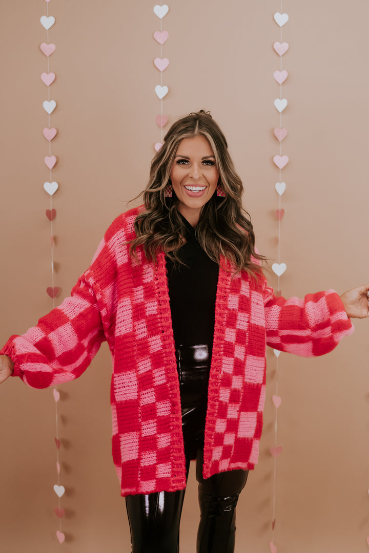 Oversized Checkered Cardi, Pink/Red