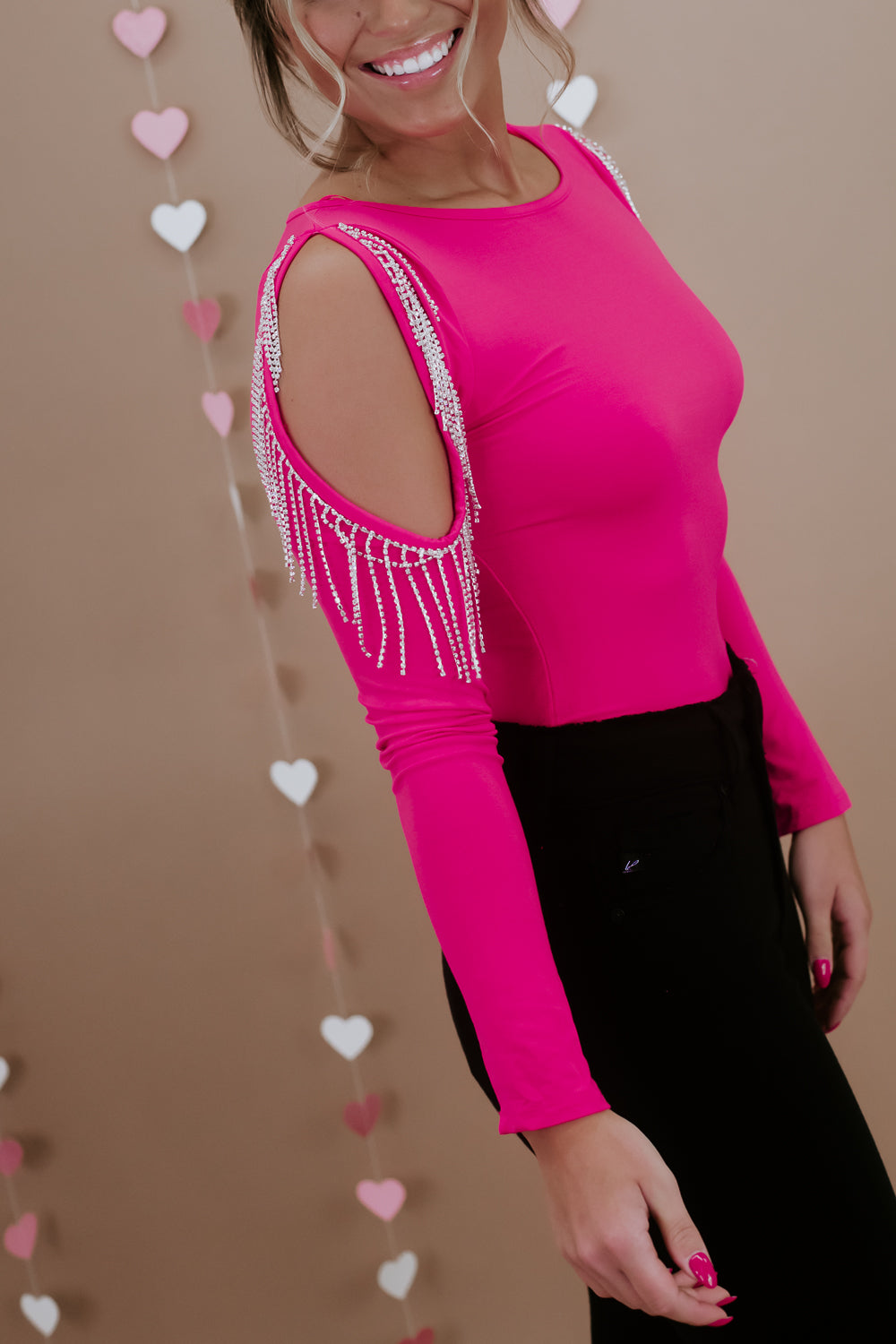 Hot Pink Long Sleeve Bodysuit With Rhinestones · Filly Flair