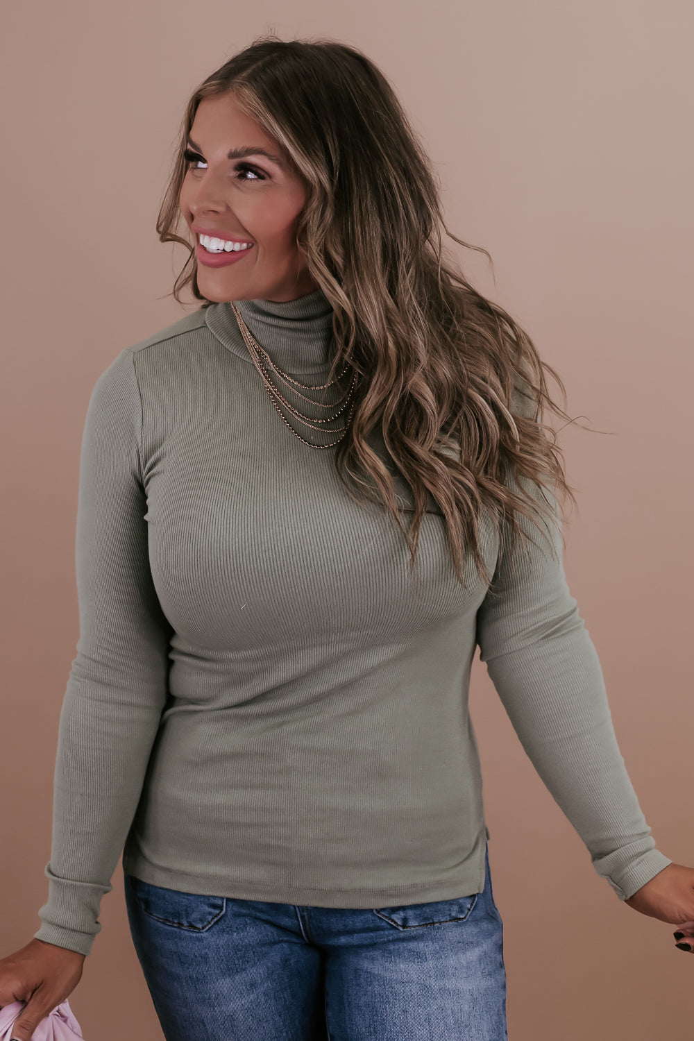 Lovely In Layers Ribbed Turtle Neck Top, Green