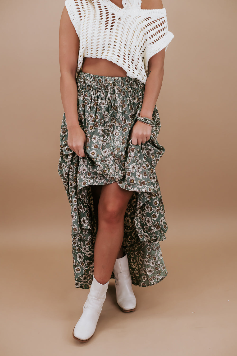 Floral Smock Waist Button Front Maxi Skirt, Pine Green