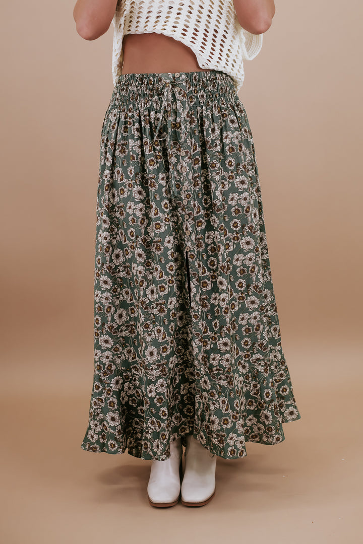 Floral Smock Waist Button Front Maxi Skirt, Pine Green