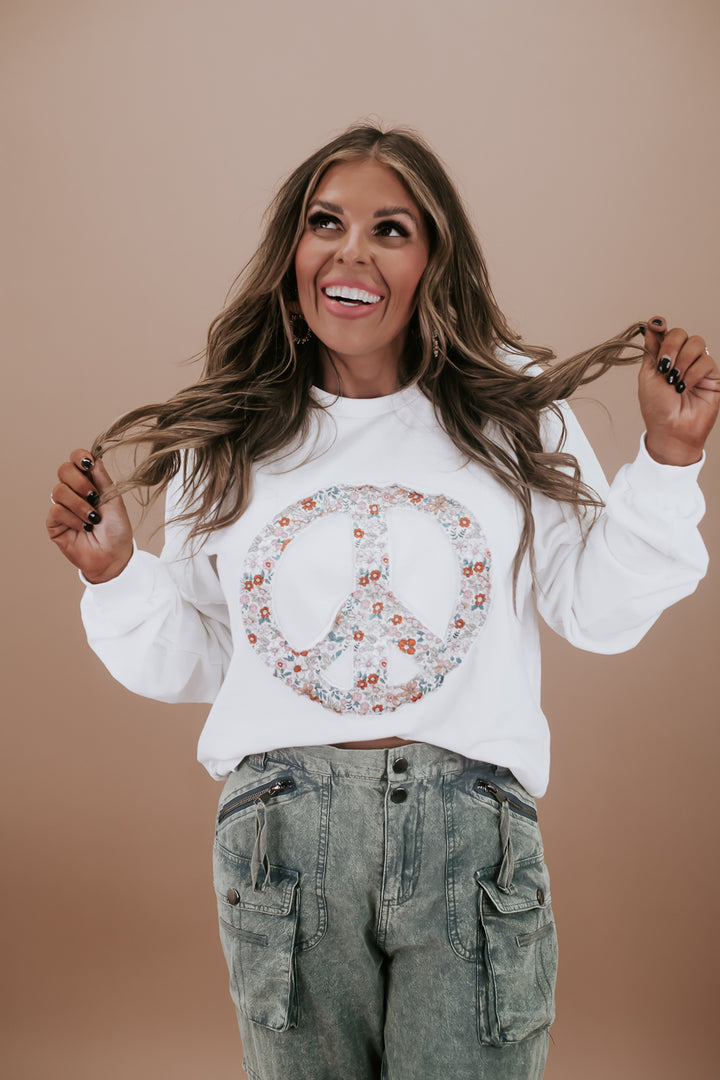Patchy Floral Peace Sweater, White