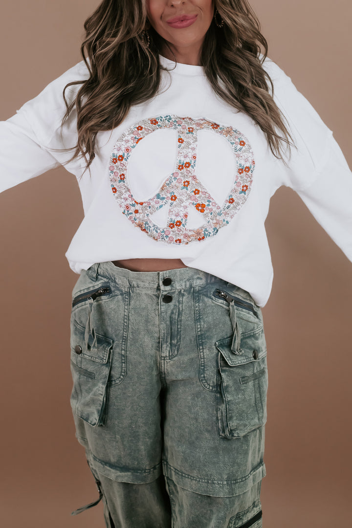 Patchy Floral Peace Sweatshirt, White