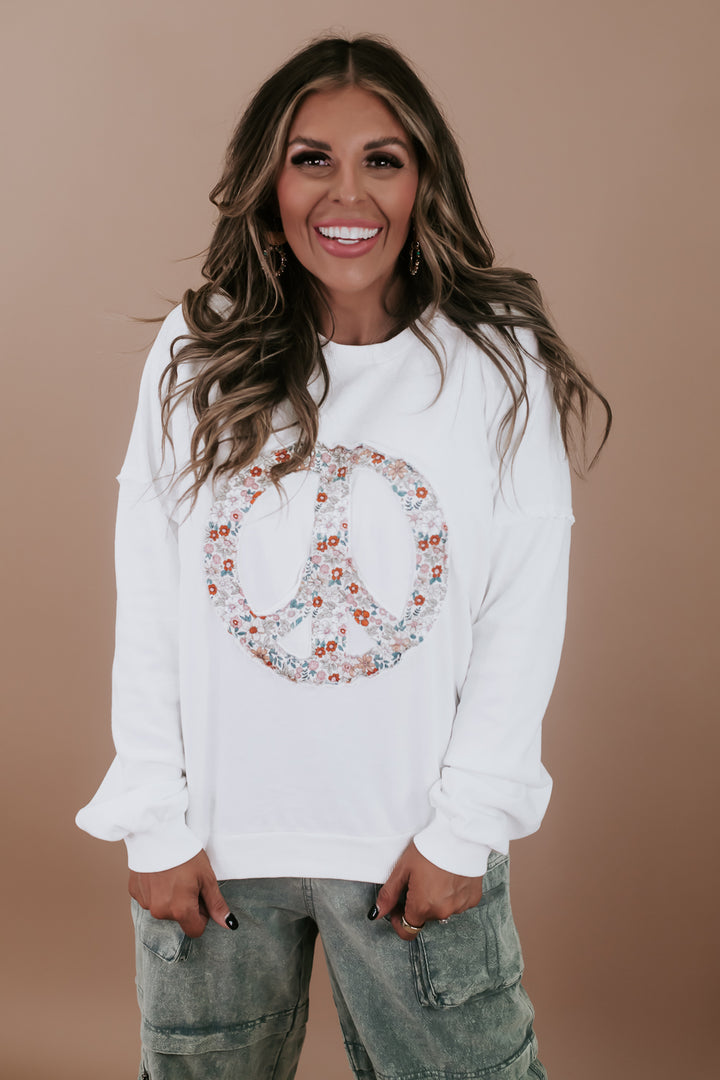 Patchy Floral Peace Sweatshirt, White