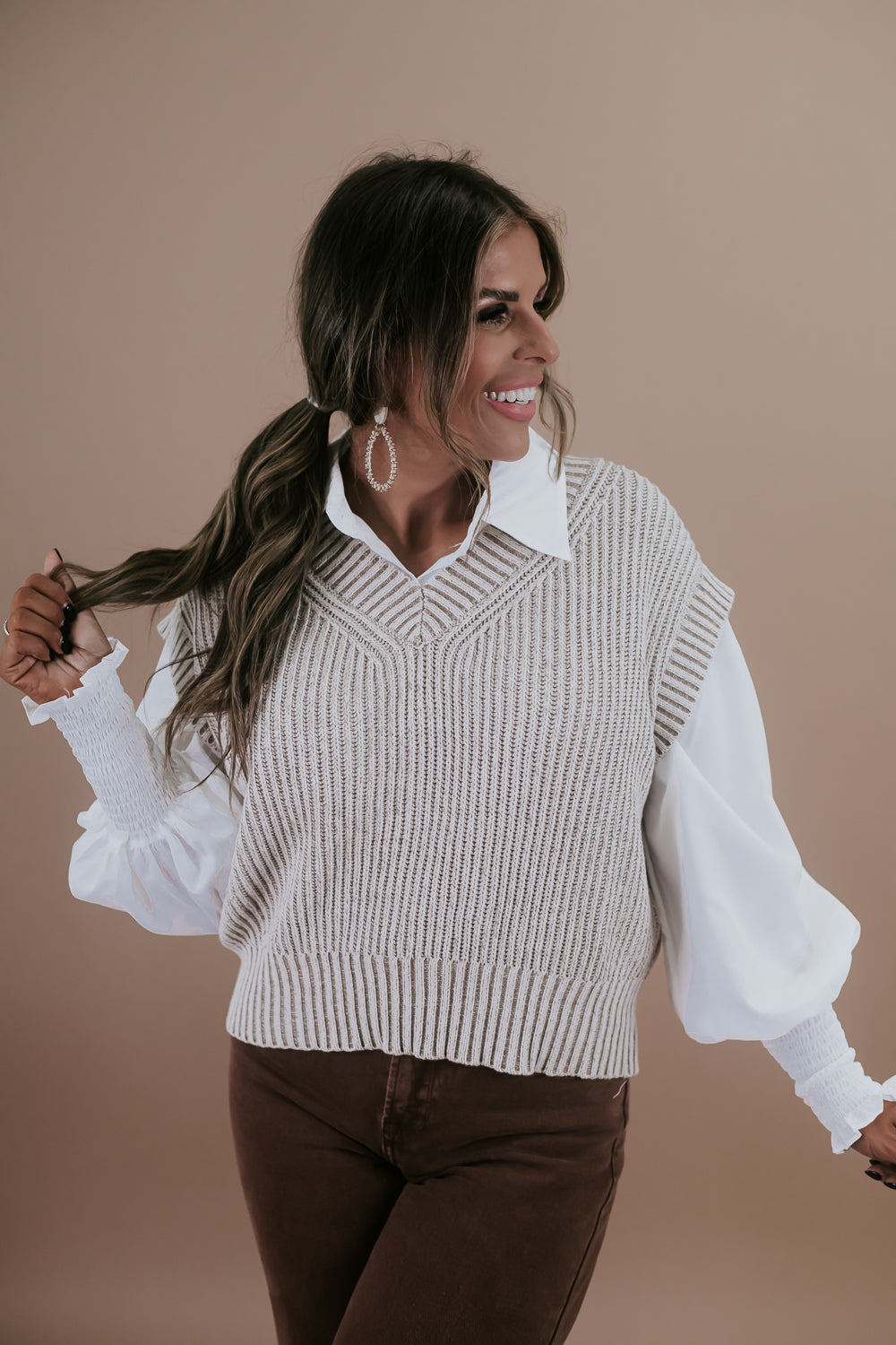 Easy Street Two Toned Sweater Vest, Taupe