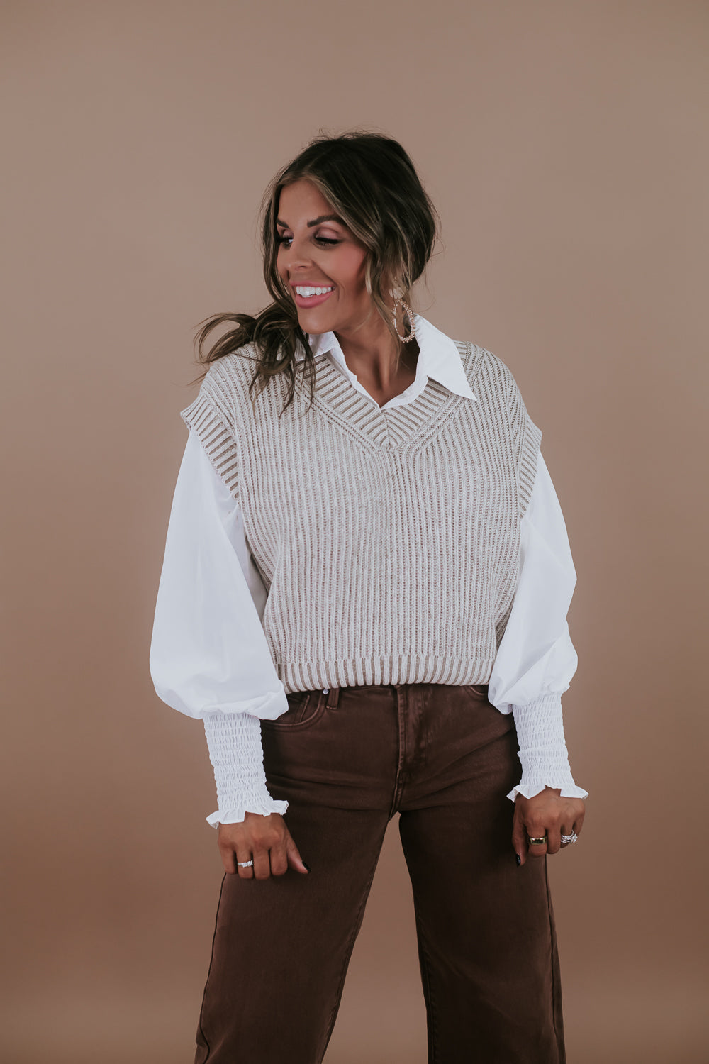 Easy Street Two Toned Sweater Vest, Taupe