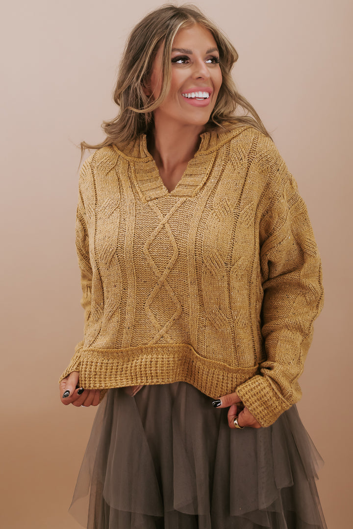 Chic V-Neck Knit Sweater, Heathered Mustard