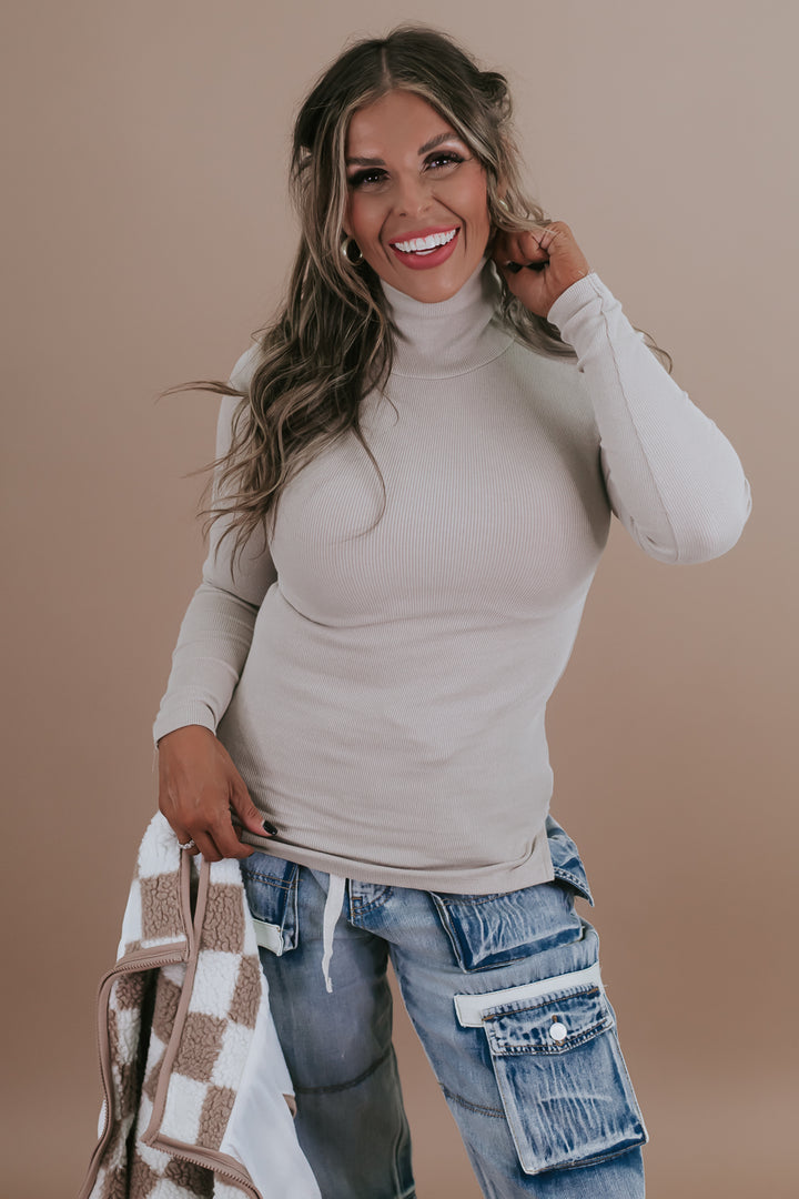 Lovely In Layers Ribbed Turtle Neck Top, Desert