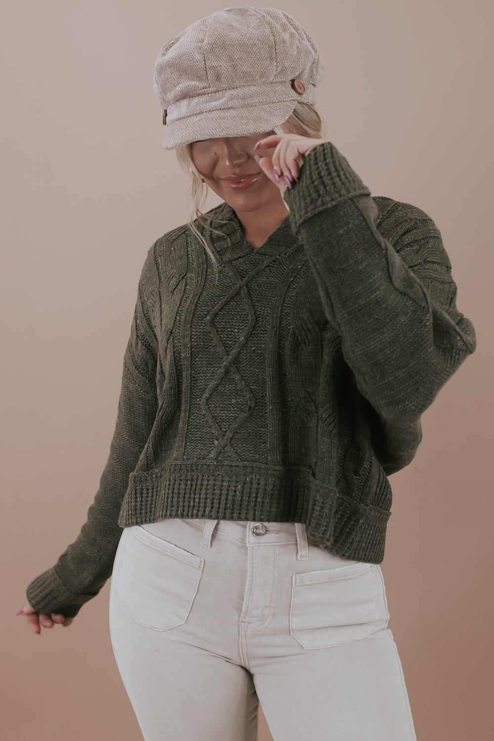 Chic V-Neck Knit Sweater, Heathered Olive