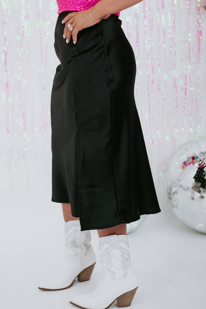Standing Out Satin Midi Skirt, Black