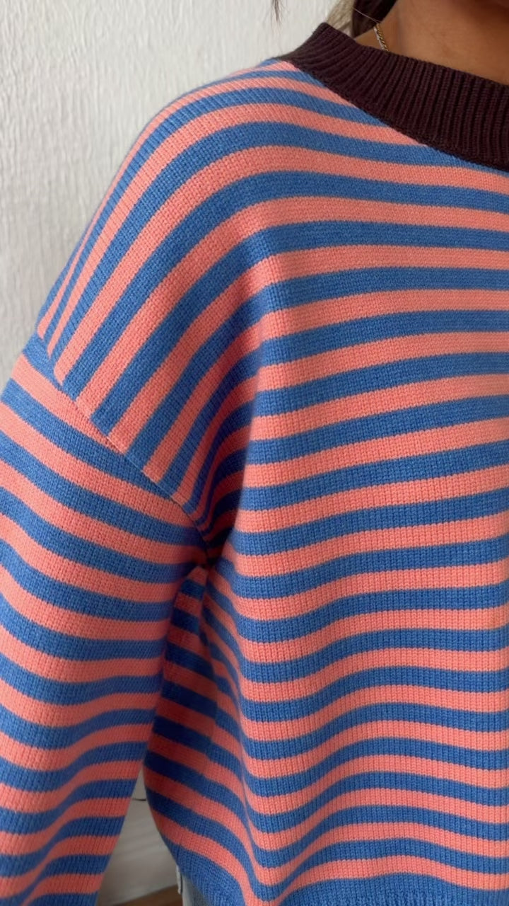 Round Neck Stripe Sweater, Blue/ Peach