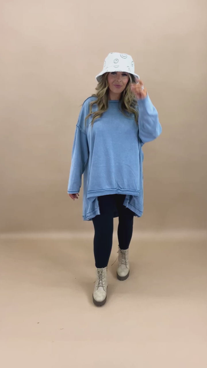Mineral Washed Oversized Tunic Pullover, Denim