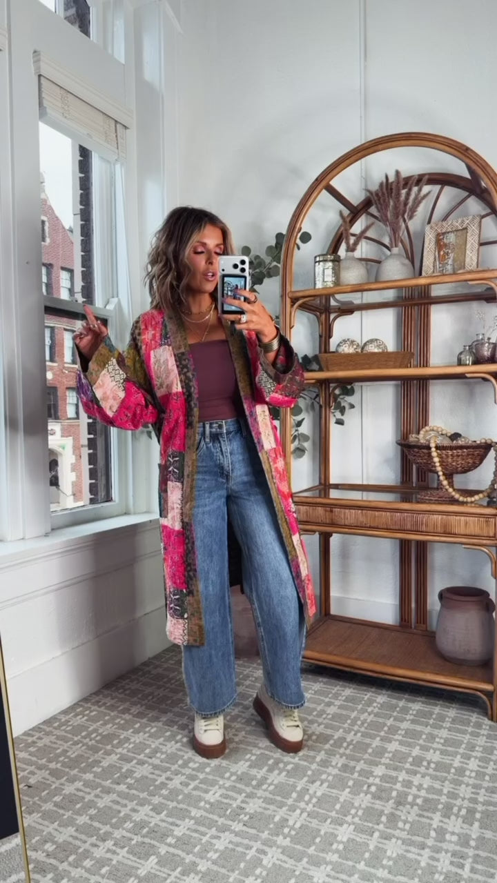 Laguna Mist Patchwork Duster Cardigan, Taupe/Pink/Multi