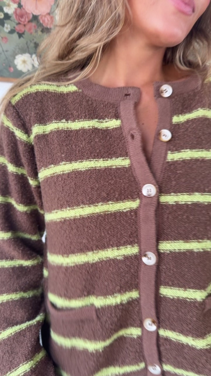 Perfect Layer Stripe Cardigan, Choco/Chartreuse