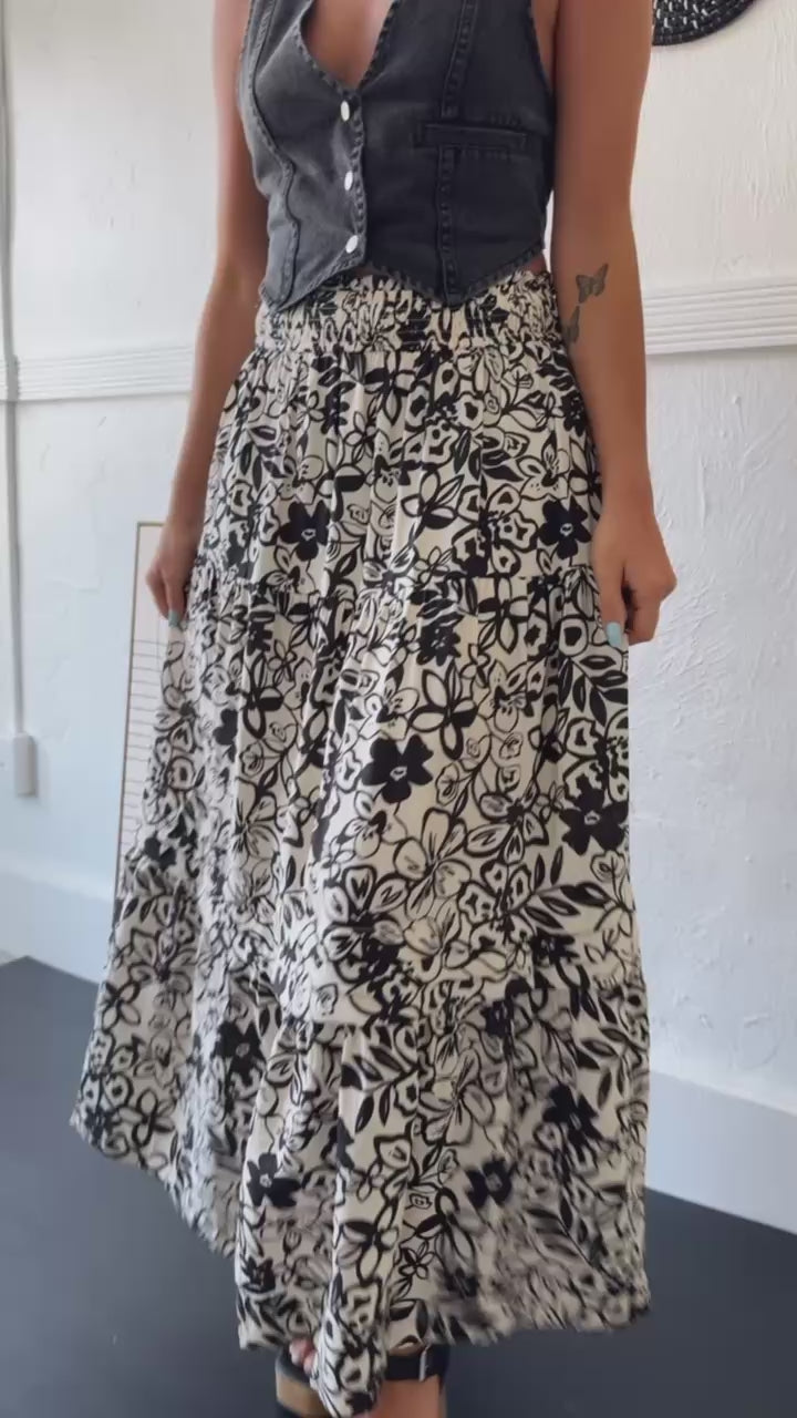 Picture Perfect Floral Tiered Midi Skirt, Black