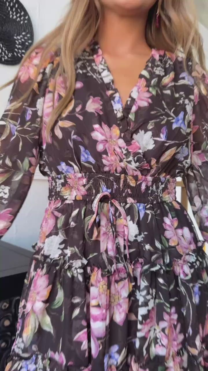 Midnight Flower Mini Dress, Chocolate Multi