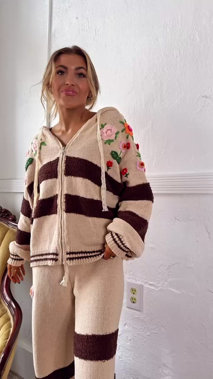 Striped Floral Detail Zip Up Sweater, Mocha Multi