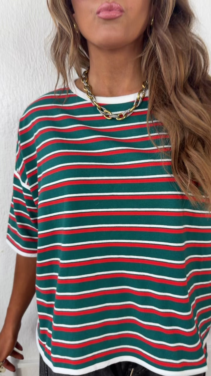 Retro Spirit Stripe Top, Hunter Green/Tomato