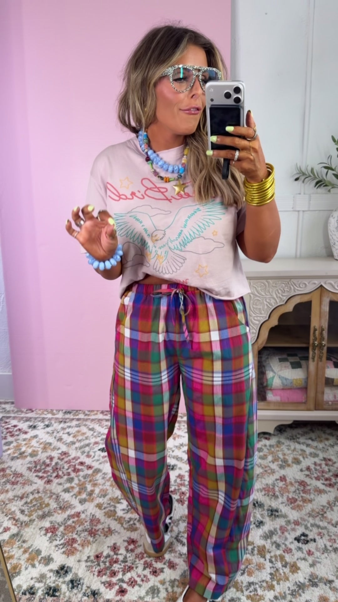 Plaid Relaxed Fit Pants, Pink/Navy Plaid