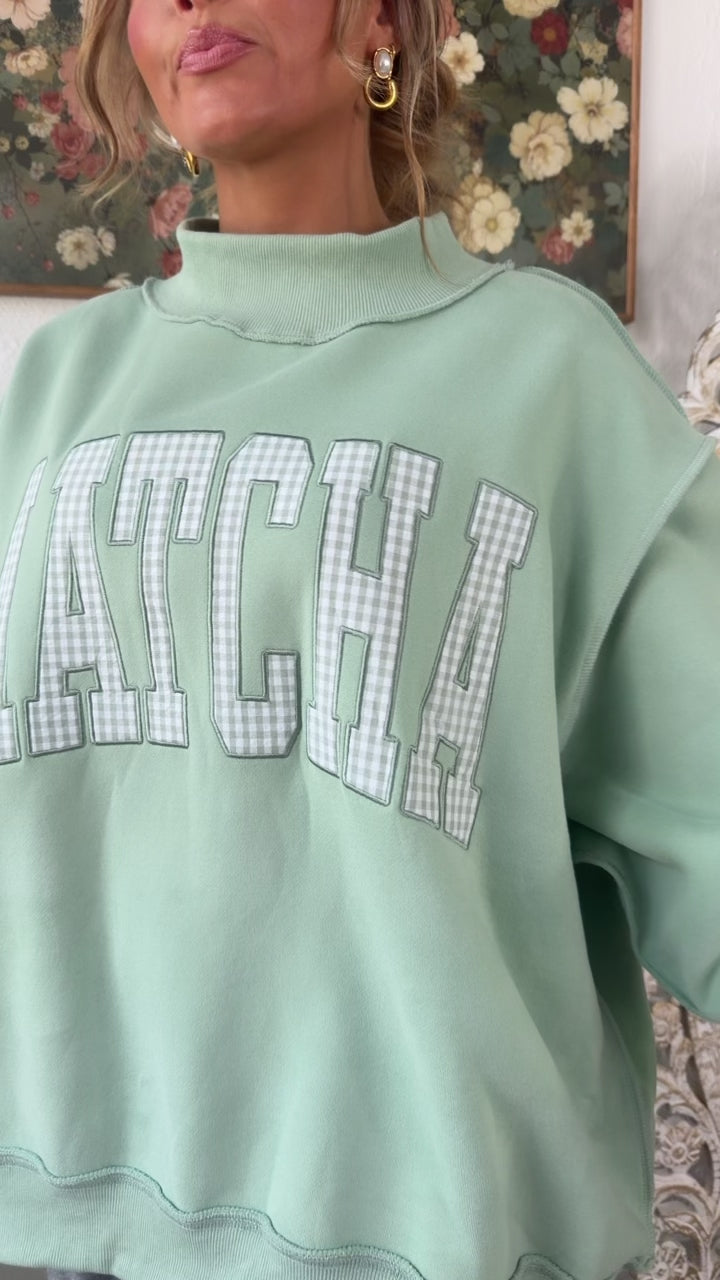Embroidered Matcha Mock Neck Sweatshirt, Pistachio