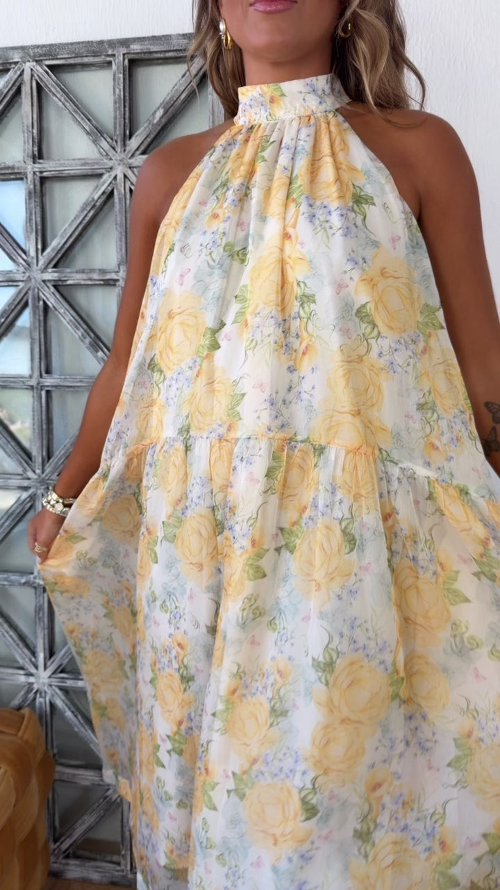 Happiest Year Floral Halter Dress, Ivory/Yellow