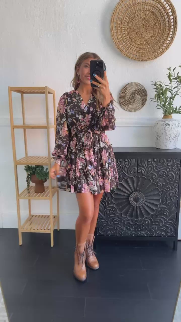 Midnight Flower Mini Dress, Chocolate Multi