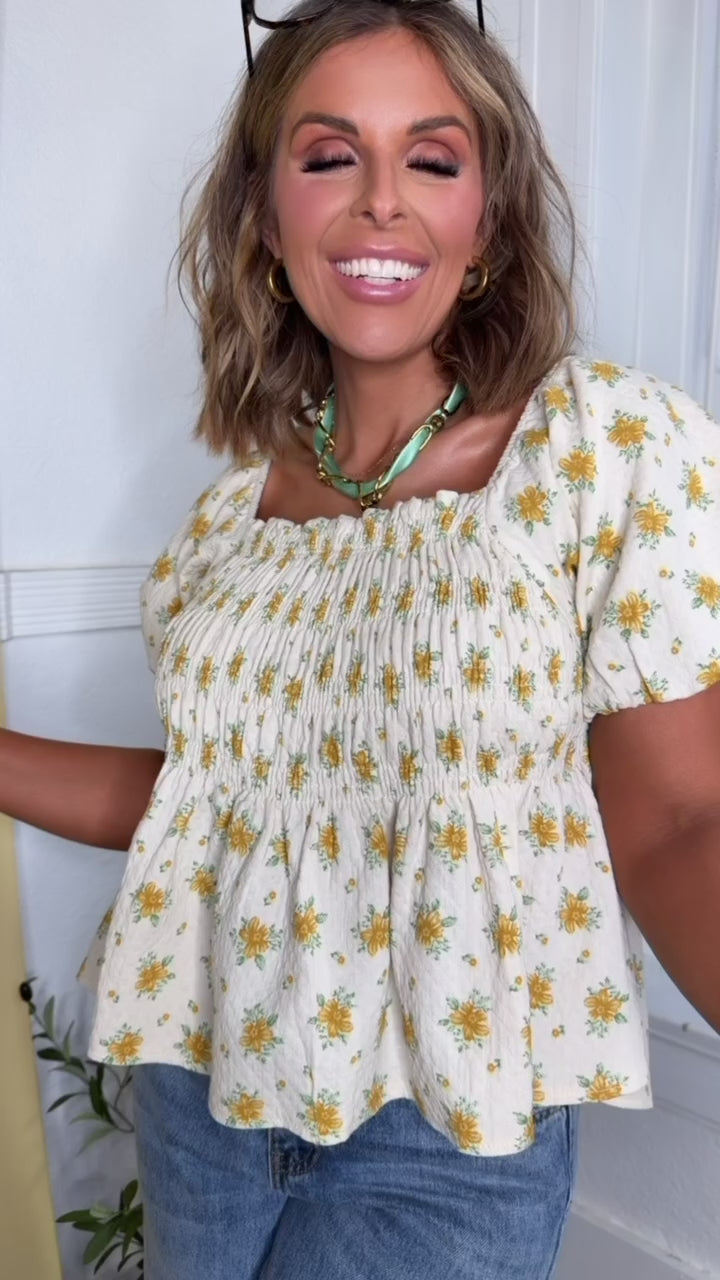 Rosie Ann Smocked Top, Cream/ Yellow Floral