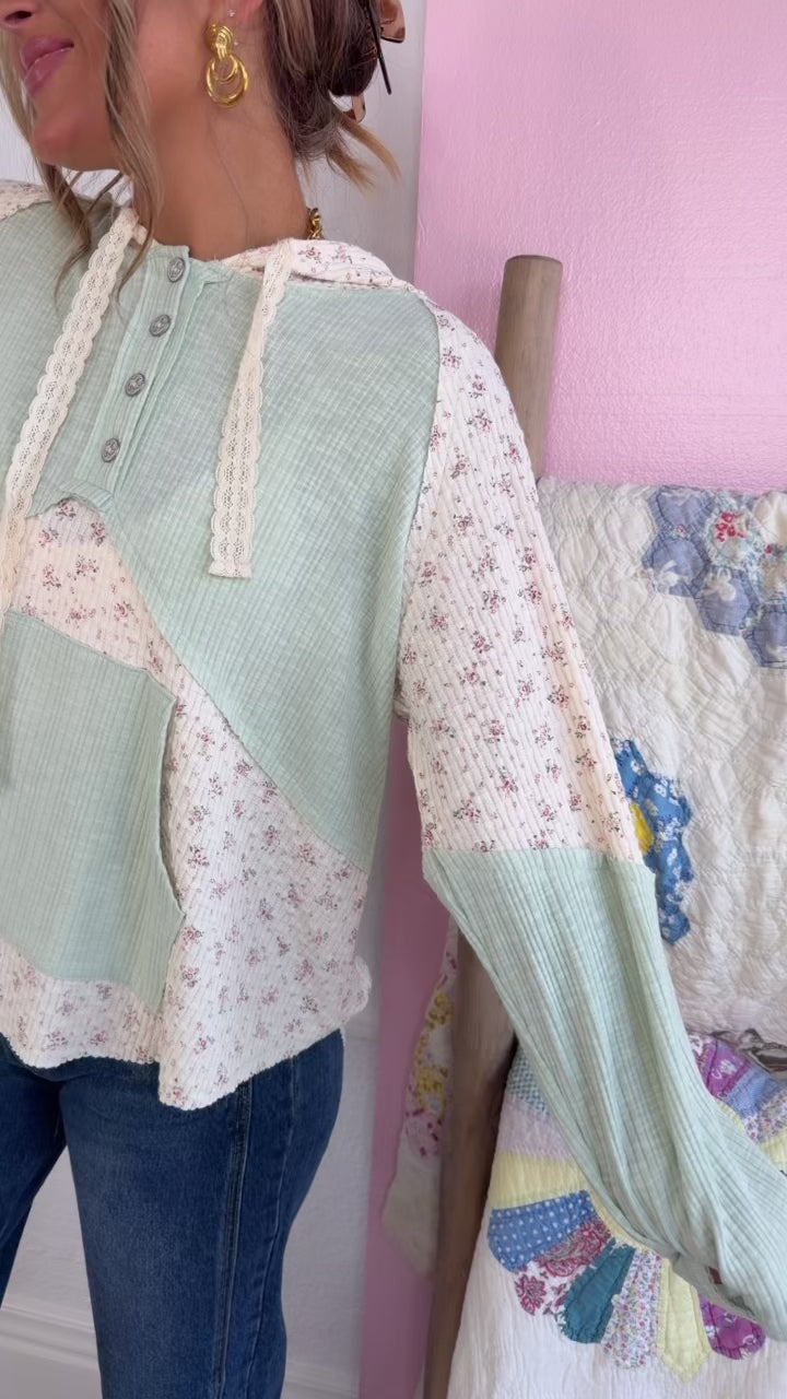 Camille Floral Long Sleeve Top, Sage/Natural