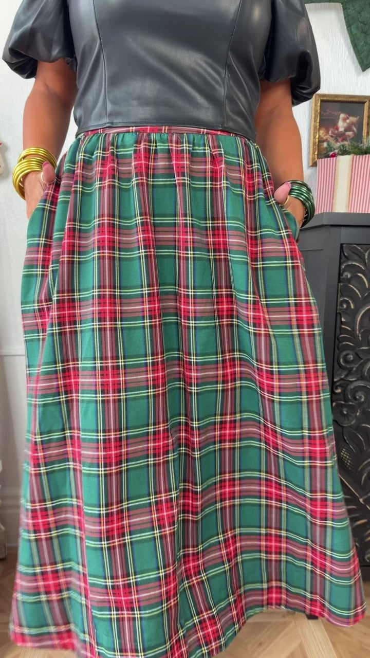 Holiday Plaid Midi Skirt, Green