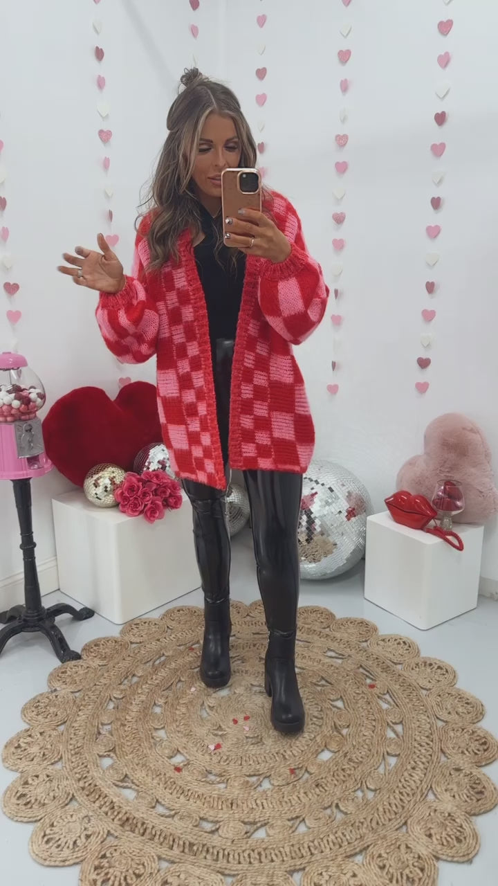 Oversized Checkered Cardi, Pink/Red